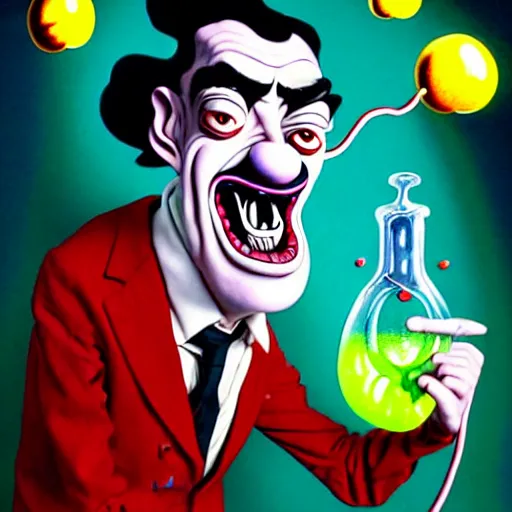 Prompt: mr. bean mad scientist psychopath making extremely silly faces, conjuring up mysterious colorful potions, glows, 3 point lighting, portrait by gaston bussierre and charles vess and james jean and erik jones and rhads, inspired by ren and stimpy epic, funny, beautiful fine face features, intricate high details, sharp, ultradetailed