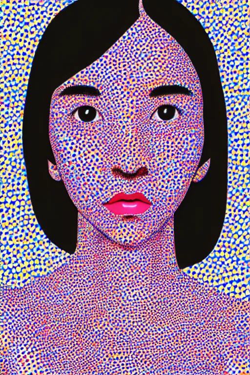 Prompt: portrait of a japanese girl, extreme closeup three - quarter portrait, tilt shift glass background, three point perspective, focus on model, background by yayoi kusama, ultra realistic, highly detailed, symmetrical, vibrant,