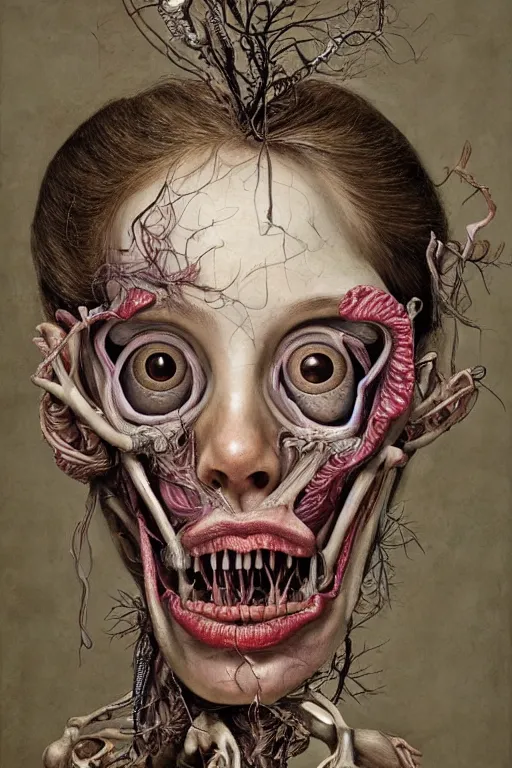 Image similar to Detailed maximalist portrait with large lips and eyes, scared expression, botanical anatomy, skeletal with extra flesh, HD mixed media, 3D collage, highly detailed and intricate, surreal illustration in the style of Jenny Saville, dark art, baroque, centred in image