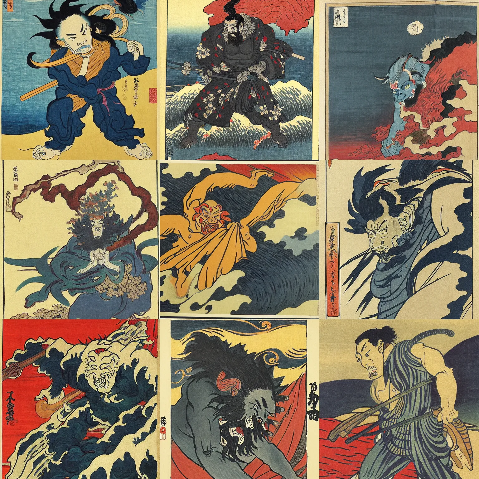 Prompt: oni painting by hokusai and van gogh