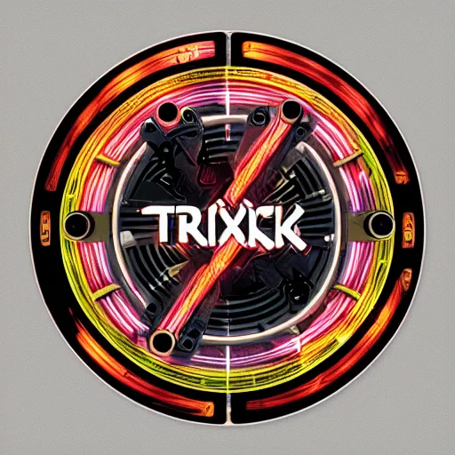 Image similar to sticker of a rock band, name is text tripmachine, on the sticker is a 3 d render of a huge futuristic steampunk generator with gears and music instruments, 8 k, fluorescent colors, halluzinogenic, multicolored, exaggerated detailed, silk screen art