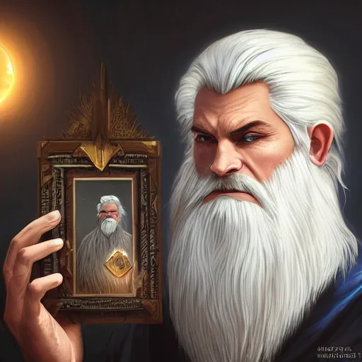 Image similar to a man with white hair and beard, wearing nomadic clothing holding a soul jar portrait, backlight, rim lighting, deep focus, d & d, fantasy, intricate, elegant, highly detailed, digital painting, artstation, concept art, matte, centered, sharp focus, illustration, hearthstone, art by artgerm, greg rutkowski and alphonse mucha