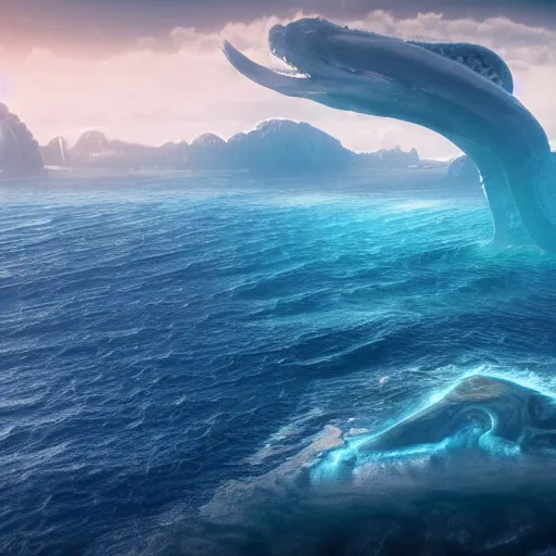 Image similar to aerial view of an alien ocean with clouds above it, sea leviathan serpent emerging out of the water, mountains on the background, octane render, detailed,