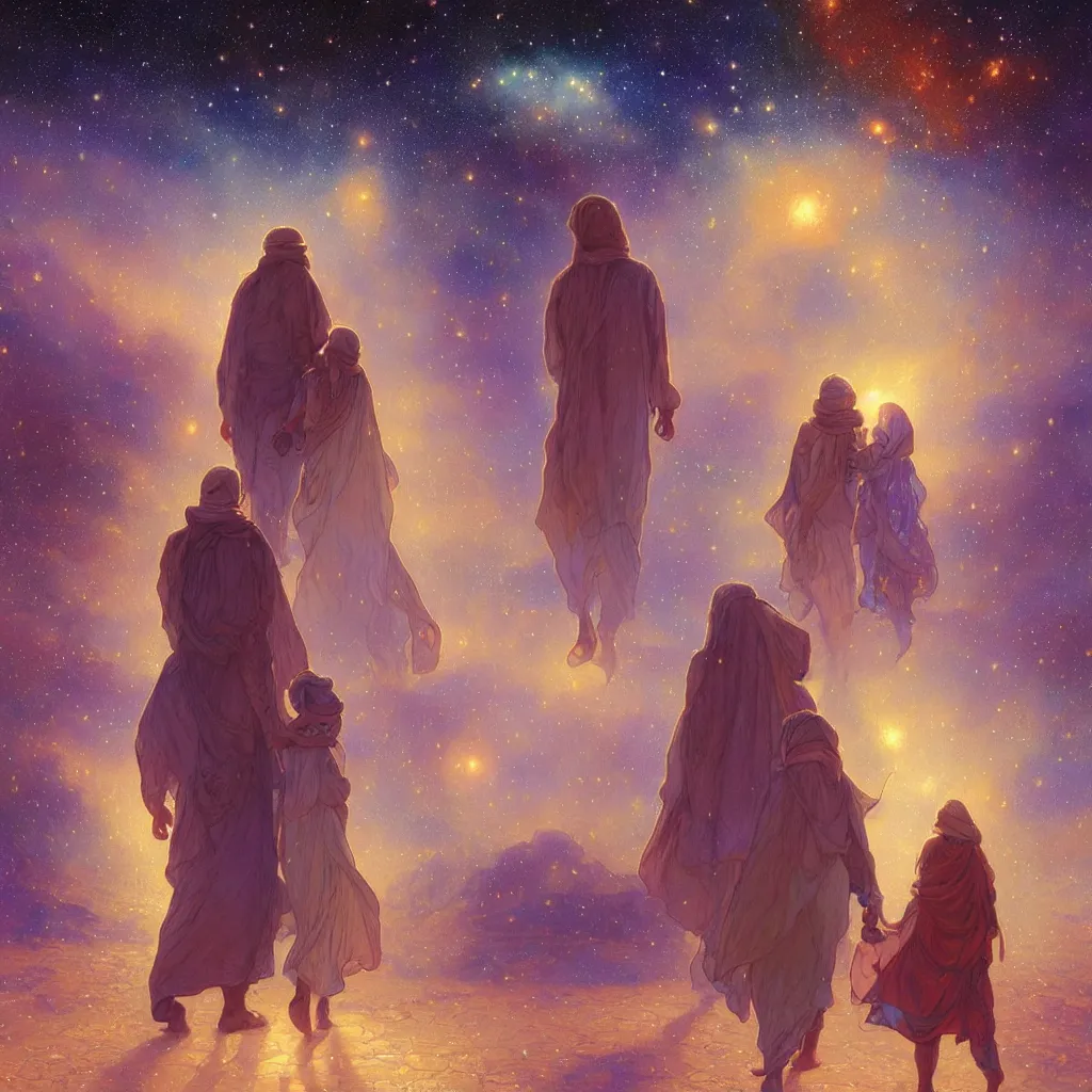 Image similar to bedouin man and woman and child in galaxy walking towards mosque surrounded by nebula, highly detailed, gold filigree, romantic storybook fantasy, soft cinematic lighting, award, disney concept art watercolor illustration by mandy jurgens and alphonse mucha and alena aenami, pastel color palette, featured on artstation