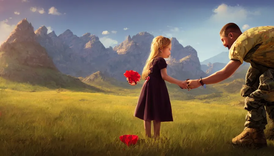 Prompt: side view of little girl giving flower to soldier, mountains in the background, sunny day, shadow, hyperdetailed, artstation, cgsociety, 8 k