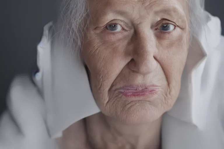 Image similar to a realistic studio cinematic headshot portrait of a beautiful old woman, wearing futuristic white suit, thunder, weather, 4 k, ultra realistic, dramatic lighting, vogue, fashion, by annie leibovitz