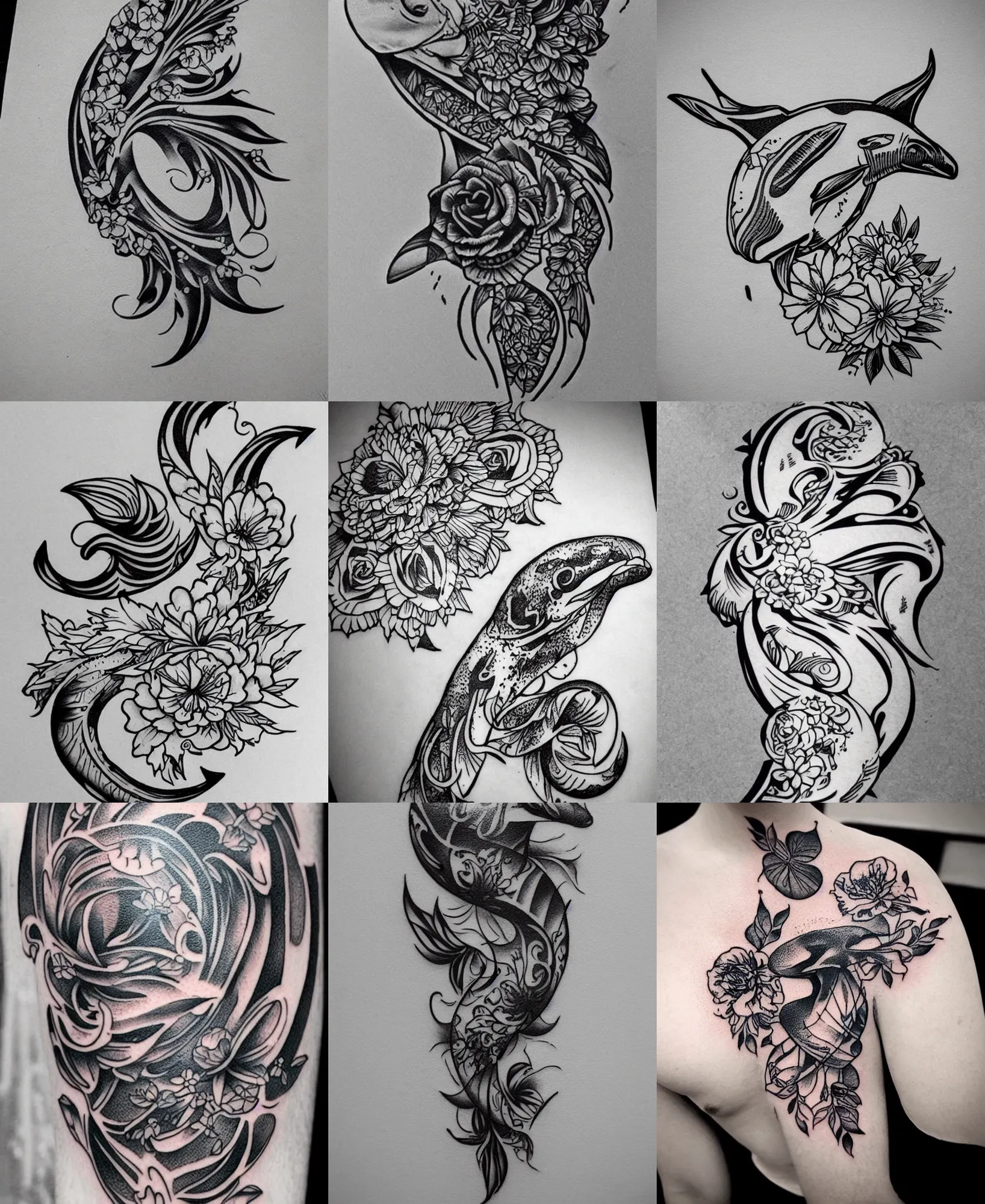 Image similar to amazing detailed tattoo stencil of a floral realistic orca