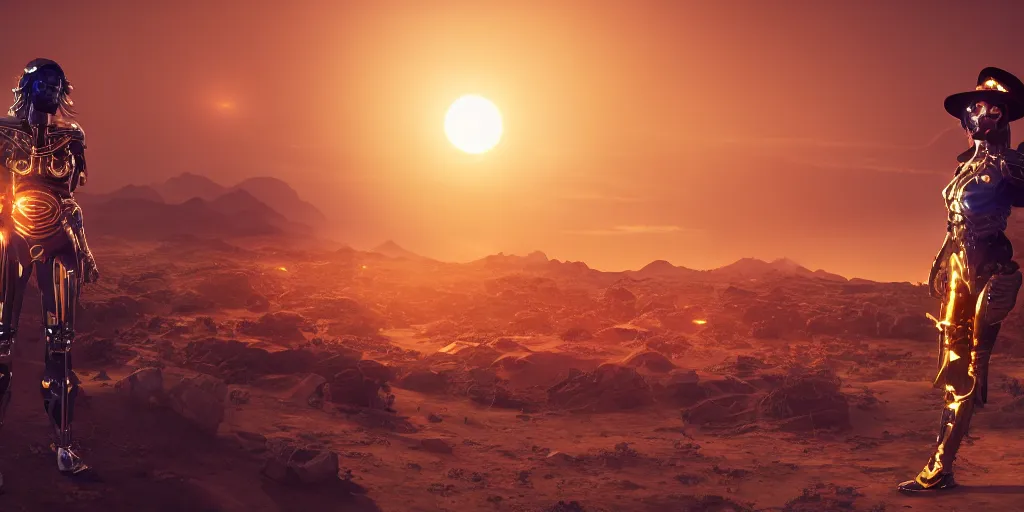 Prompt: Panorama screenshot beautiful female cyborg, super bright gold glowing eyes, wearing a cowboy hat, photographic highly detailed desert, dynamic dramatic golden moody lighting, volumetric lighting, shadows,cinematic atmosphere,Artstation, DAZ, bungie, hyperrealistic 3D digital art,Octane render