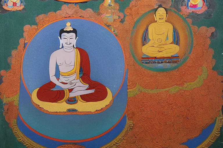 Prompt: time traveler buddha, tibetan buddhist painting of the life of buddha