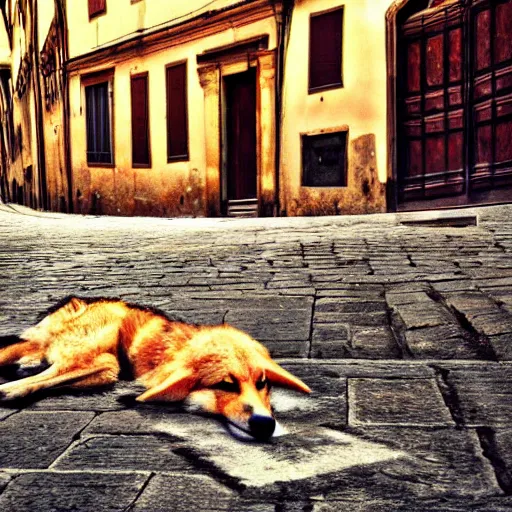 Prompt: dingo coyote mix dog lying on the street in ancient florence, high quality digital art, cinematic lighting, moody lighting