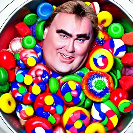 Image similar to john candy in a bowl of candy, high detail