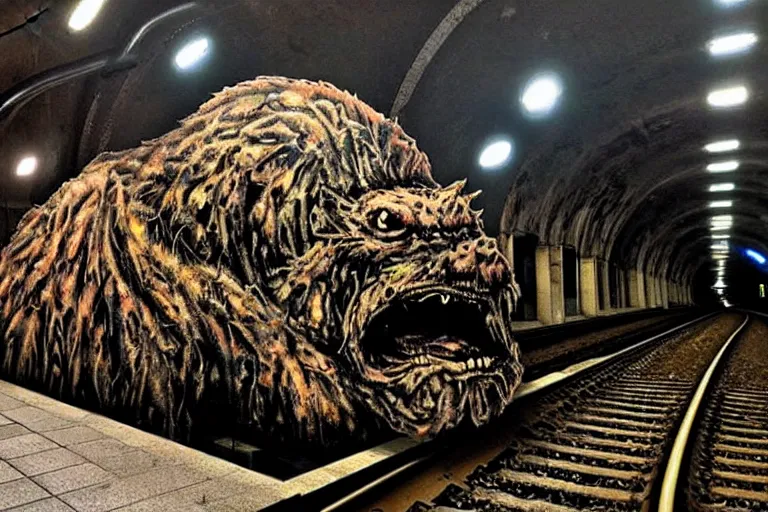 Image similar to very large giant mutant zombie irradiated ( angry rat ) staying on railways in tonnel of moscow subway. tonnel, railways, giant angry rat, furr, fangs, very realistic. extreme long shot, rusty colors, anish kapoor, ( herman nitsch, giger ).