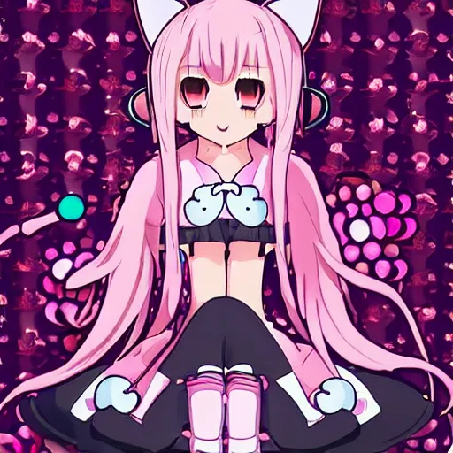 Image similar to digital card art of anime (cat) girl with cat ears surrounded by magic circles. Pink hue. Highly detailed. Beautiful