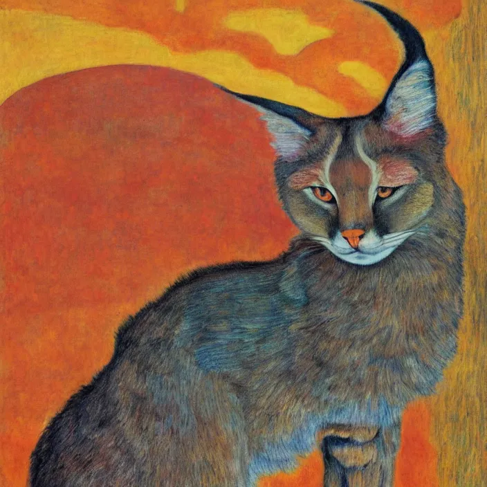 Image similar to close portrait of cute fluffy caracal, with ancient greek city with marble columns temple. sun through the clouds, vivid iridescent colors. agnes pelton, egon schiele, munch, henri de toulouse - lautrec, utamaro, monet