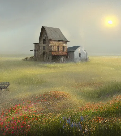 Prompt: a matte painting of a biroremediation architecture, prairie, cottage town, foggy, patchy flowers, oil painting, pale colors, high detail, 8 k, wide angle, trending on artstation,