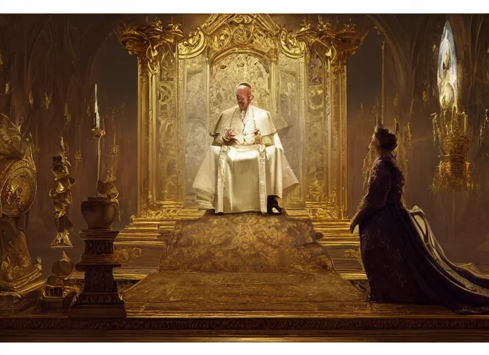 Prompt: kneeling before the pope, royal robe, gold trim, light effect, hyper detailed, intricate, atmospheric, elegant, photorealistic by michael komarck, greg rutkowski, victo ngai, artgerm, willem claesz heda and j. dickenson