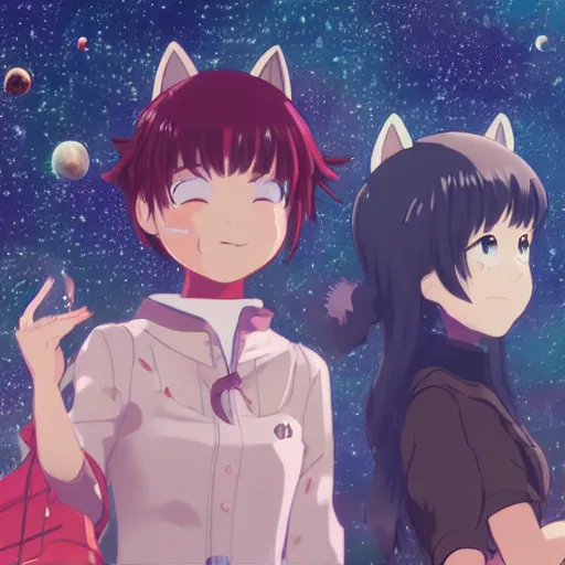 Prompt: catgirls in space by haruko ichikawa, kyoto animation, square enix makoto shinkai