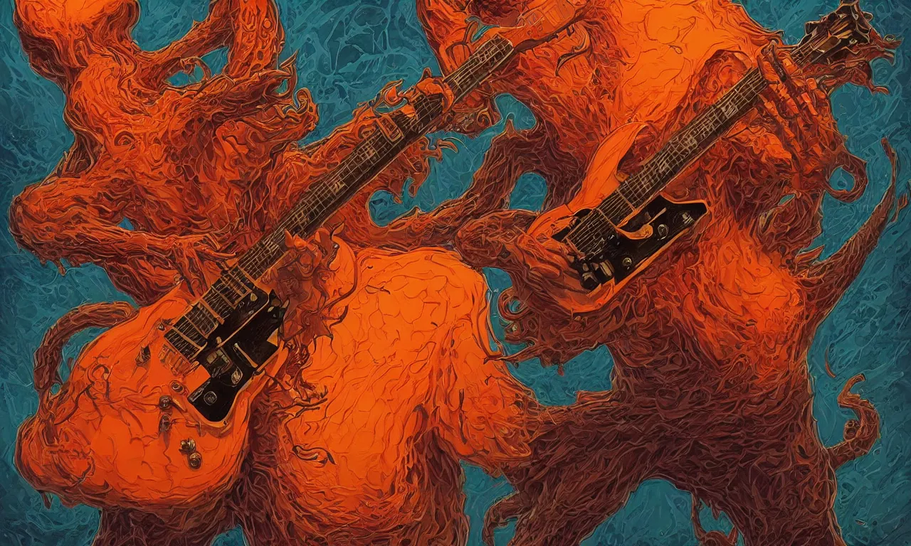 Image similar to an orange colored lovecraftian monster playing a Gibson Flying V electric guitar, digital art by dan mumford and greg rutkowski, highly detailed, trending on artstationhq