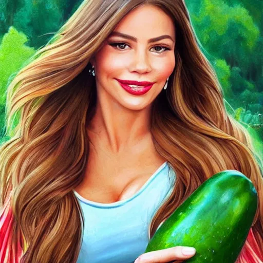 Prompt: clear portrait of a lushious sofia vergara holding a cucumber, super super wide hips!!, cottagecore!!, background hyper detailed, character concept, full body, dynamic pose, intricate, elegant, highly detailed, digital painting, artstation, concept art, smooth, sharp focus, illustration, art by artgerm and greg rutkowski and alphonse mucha