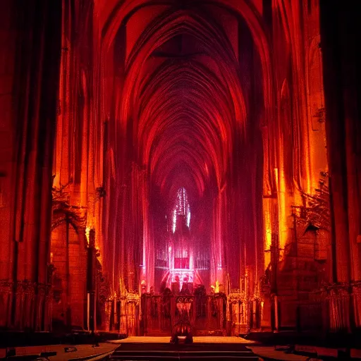 Image similar to A dark cathedral made up of red sandstone lit up by a torches. In the middle of the cathedral is a bonfire surrounded by cultists in red hoods. Their backs facing towards the camera. Dream like.