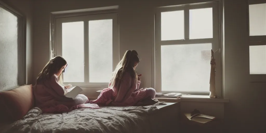 Image similar to girl sitting reading a book in her room, cozy, late afternoon, cinematic