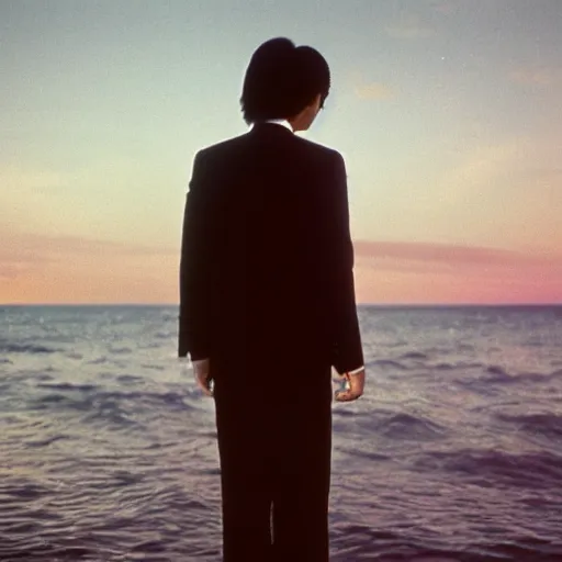 Prompt: japanese man with long hair in a suit standing in the ocean looking at the camera, wide shot, far away, zoomed out, sunset, album cover, 1980, tatsuro yamashita, ride on time