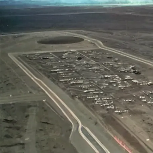 Image similar to aerial footage of Area 51, ufos parked on the ground