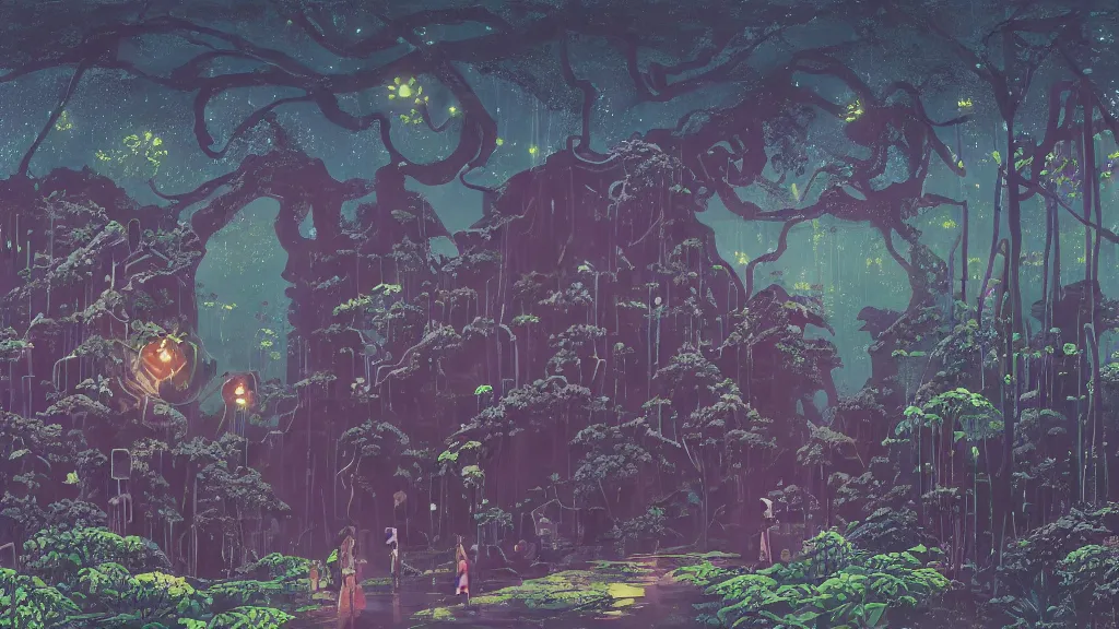 Image similar to tokyo japan with overgrown bioluminescent fungus and strangler fig, anime background, interior, gouache, hand painted, in the style of kazuo oga, studio ghibli