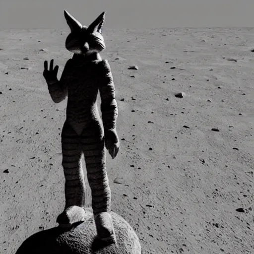Image similar to male anthro anthropomorphic human like fox demon monument stands on the moon,