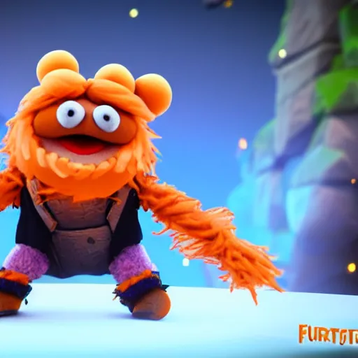 Prompt: bip bippadotta from the muppets as a wizard, fuzzy orange puppet, in fortnite, holding a gun, 3 d unreal engine render