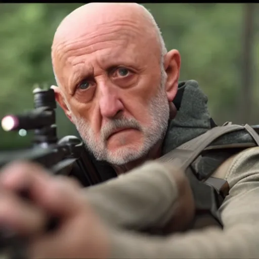 Image similar to A film still of Mike Ehrmantraut aiming a !!!sniper rifle!!!, 4k, !!highly detailed!!