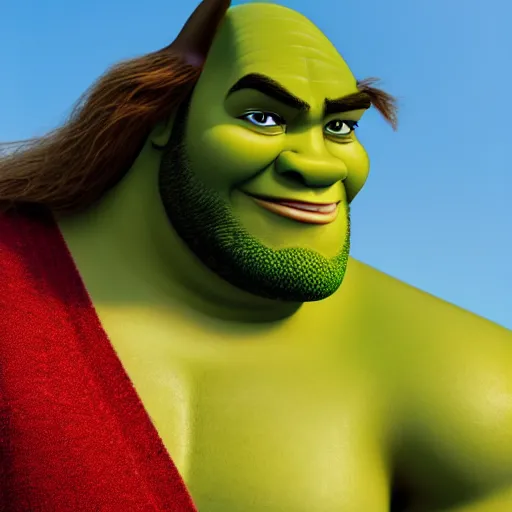 Image similar to muscular jesus fighting muscular shrek, highly detailed, high quality, hd, 4 k, 8 k, canon 3 0 0 mm, professional photographer, 4 0 mp, lifelike, top - rated, award winning, realistic, sharp, no blur, edited, corrected, trending