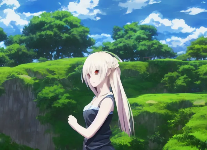 Image similar to illustration of a wide shot green hills with clouds in the background, cute anime girl with platinum blonde hair and big eyes in foreground, anime key visual, official media, illustrated by wlop, extremely detailed, 8 k, trending on pixiv, cinematic lighting, beautiful