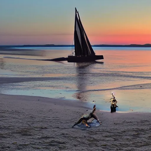 Image similar to sailboat stuck on sandbar at low tide, sunset, star wars ewoks helping to push it in water, ewoks