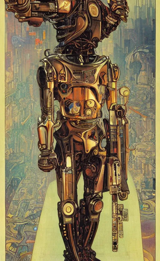 Image similar to cyberpunk robocop by mucha, oil painting