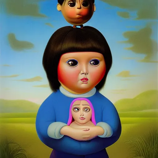 Prompt: portrait of real girl dora the explorer painted by fernando botero and mark ryden, lowbrow pop surrealism