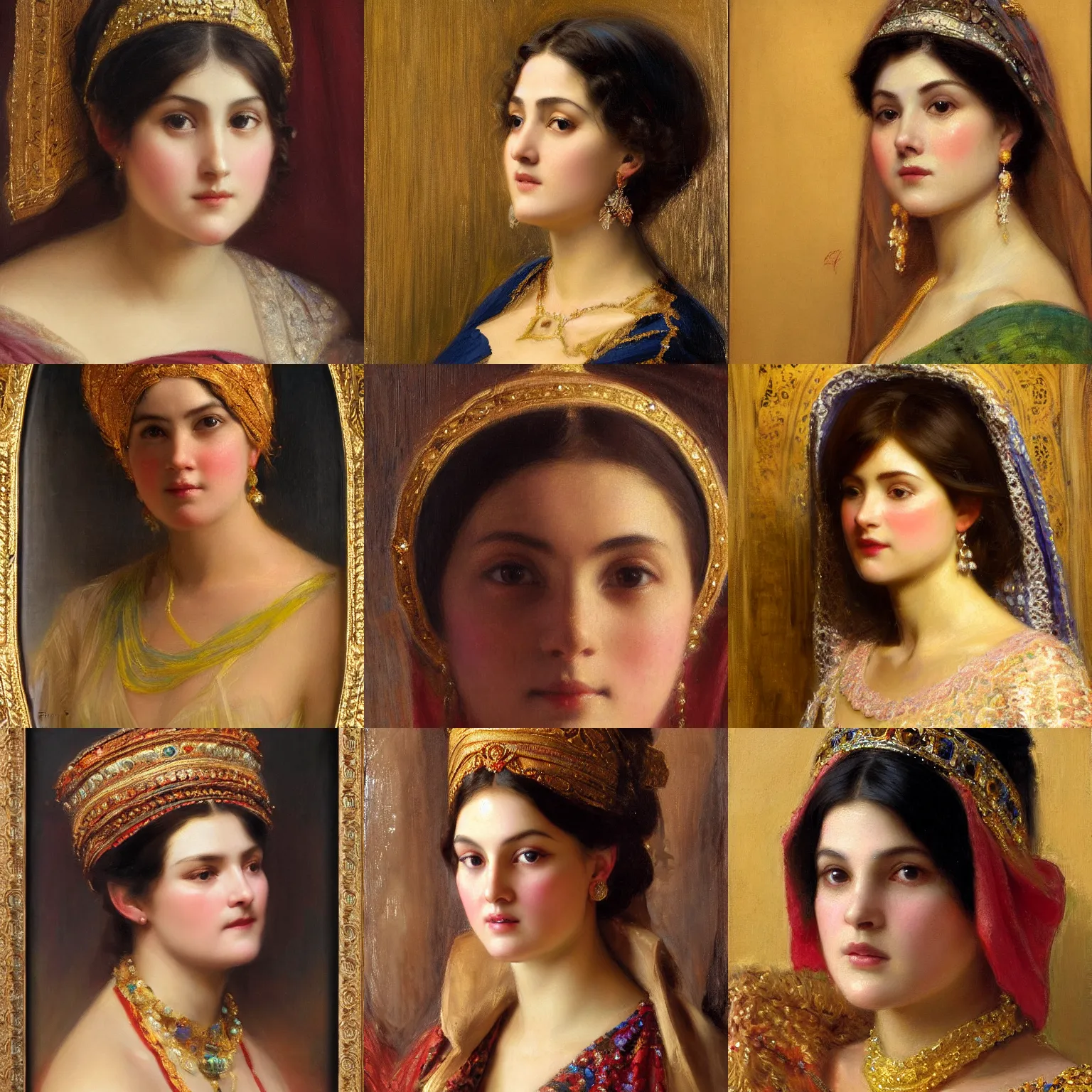 Prompt: orientalism face detail of a cute royal woman by edwin longsden long and theodore ralli and nasreddine dinet and adam styka, masterful intricate art. oil on canvas, excellent lighting, high detail 8 k