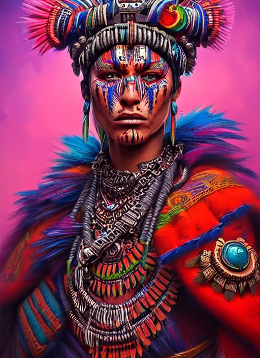 Image similar to portrait of jensen ackle, hyper detailed ultra sharp aztec shaman warrior. trending on artstation, warpaint aesthetic, bloodwave, colorful, psychedelic, ornate, intricate, digital painting, concept art, smooth, sharp focus, illustration, art by artgerm and greg rutkowski and h. r. giger, 8 k