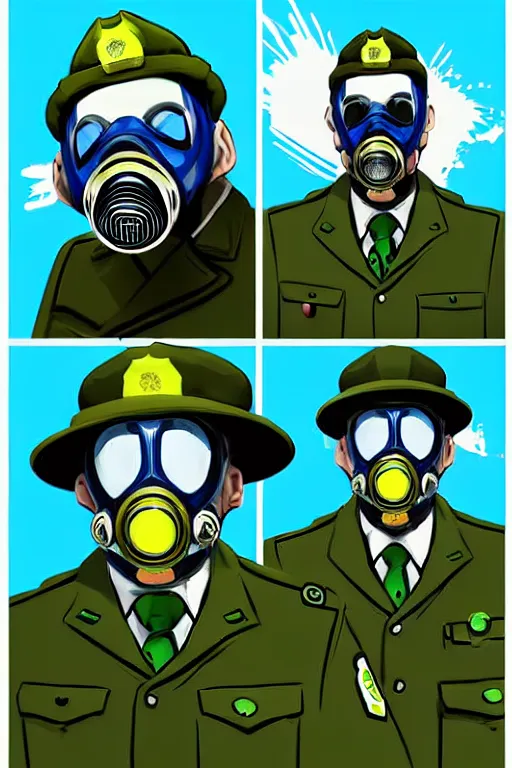 Image similar to cops member departement using gas mask, with blue and green blouse, high member use army hats. pop art, bioshock art style, accurate, detailed, gta chinatown art style, dynamic, face features, body features, ultra realistic, digital art, concept art, smooth, sharp focus, art by richard hamilton and mimmo rottela