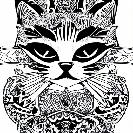 Image similar to { { tattoo sketch } } }, cat, { { without eye } }, draft, polinesian { ornament }, line art, vector