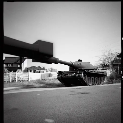 Prompt: cctv footage of a tank driving past a suburban neighbhoorhood, realistic, highly detailed, black and white, at night, taken on a security cctv camera, taken from the view of a house door.