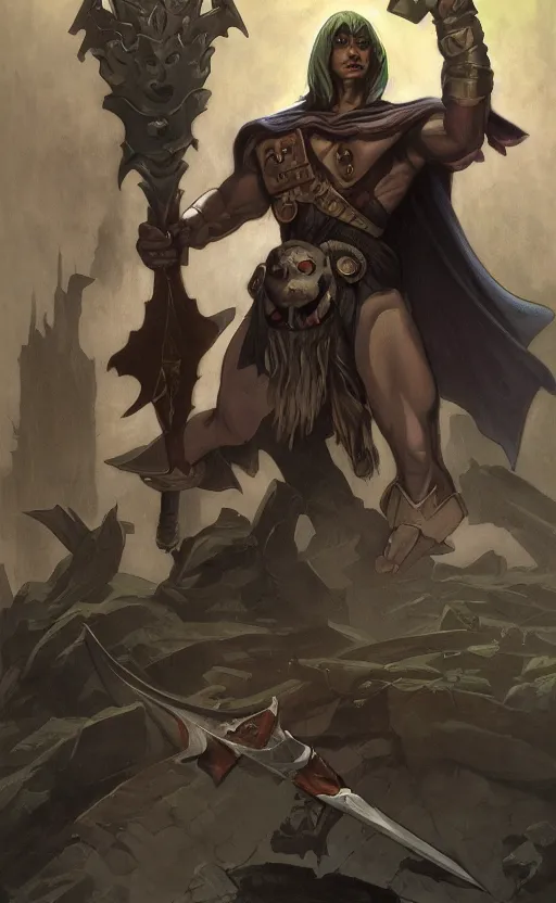 Image similar to Full body centered uncut character pose of mysterious-eerie-ominous He-Man, He-Man is holding the Power Sword in his right hand, Battle Cat, dark grey shadowy smokey background, direct natural lighting, cinematic, Epic, ultra-detailed, sharp focus, colored illustration, artwork by Jordan Grimmer and Greg Rutkowski and Alphonse Mucha
