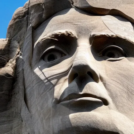 Image similar to donald trump's face carved into the rock on mount rushmore. the photo clearly depicts donald trump's facial features next to other former presidents, at a slightly elevated level, depicting his particular hair style carved into the stone at the mountain top, centered, balances, regal, pensive, powerful, just