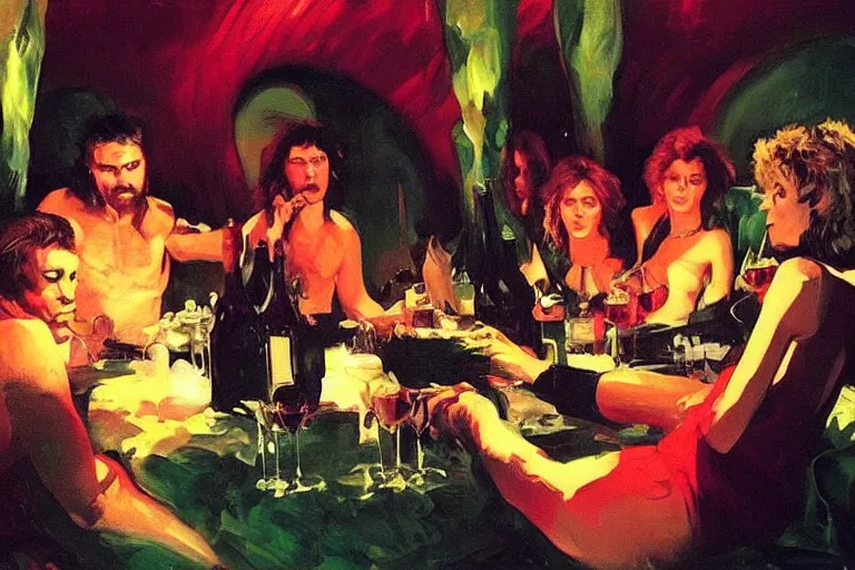 Image similar to cinematic scene, glam rockers drinking brutal and raw wine, inside a green cave with red lights by roger deakins, joaquin sorolla, phil hale, extremely detailed