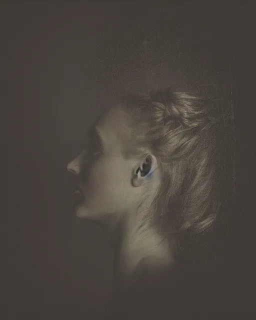 Image similar to a woman's face in profile, made of wings, in the style of the dutch masters and gregory crewdson, dark and moody