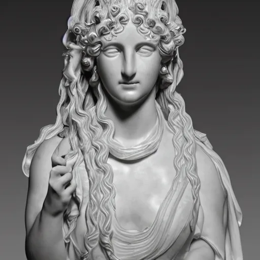 Prompt: a delicate renaissance marble sculpture of the Greek Priestess Medusa covered with water veil, highly detailed transparent marble cloth, gi, global illumination, physically based rendering, photorealistic, top light, dark background