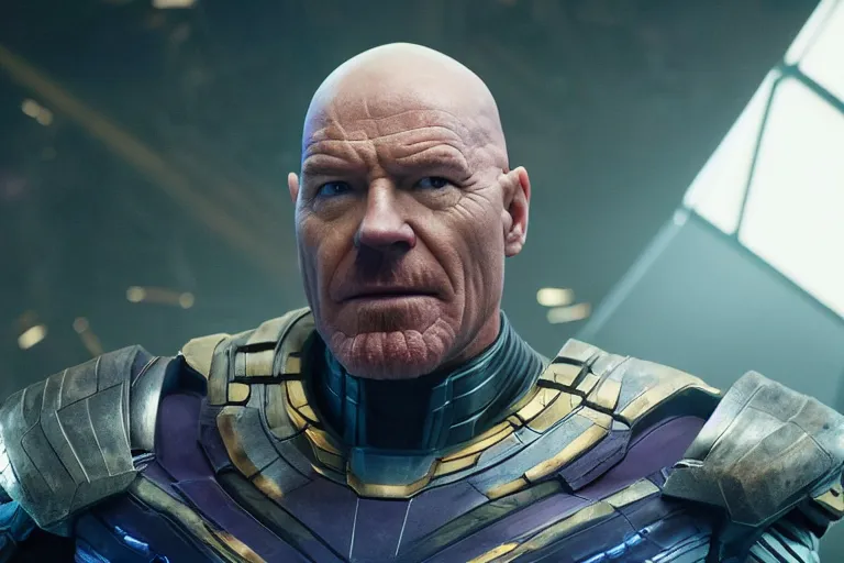 Prompt: promotional image of bald Bryan Cranston as Thanos in Avengers: Endgame (2019), dynamic action shot, movie still frame, promotional image, imax 70 mm footage