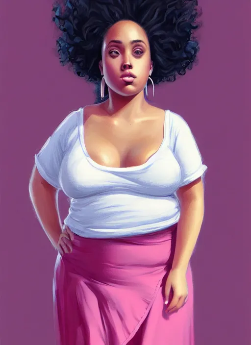 Image similar to full body portrait, teenage vanessa morgan, pink hair, obese, black girl, curly pixie hair, sultry, realistic, short hair, hoop earrings, skirt, shirt, fat, belly, intricate, elegant, highly detailed, digital painting, artstation, concept art, smooth, sharp focus, illustration, art by wlop, mars ravelo and greg rutkowski