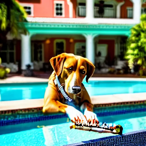 Image similar to a very detailed photo of a dog smoking a cigar outside the mansion by the pool