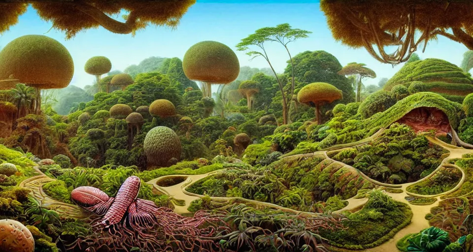 Prompt: huge woodlouse, axolotl, bones of dead animals, a landscape on the moon with many craters, tea terraces, a beautiful flowering garden, a lot of exotic vegetations, trees, intricate detaild, pale colors, 8 k, in the style of martin johnson heade and roger dean